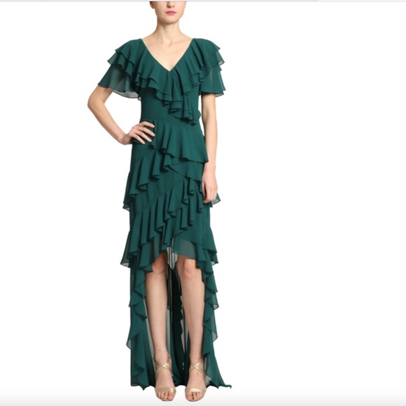 Badgley Mischka Georgette Cascading Emerald Ruffle Gown, High-low Hem, Size 10 - Picture 11 of 11